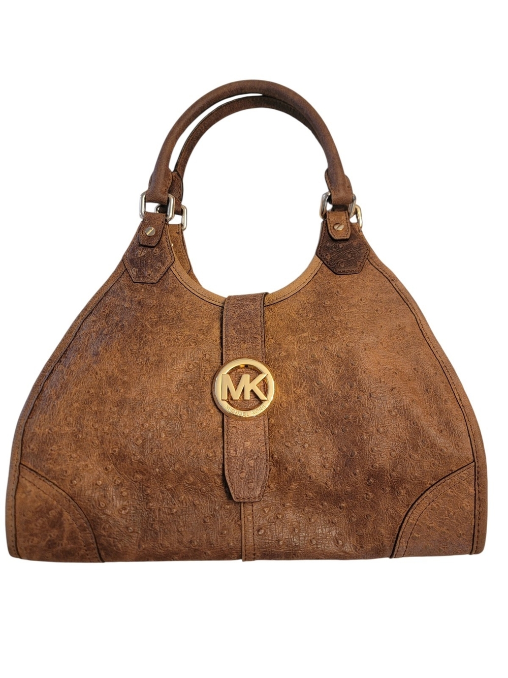 Michael Kors BrowMichael Kors Brown Ostrich-Textured Shoulder Bag with Gold Logo